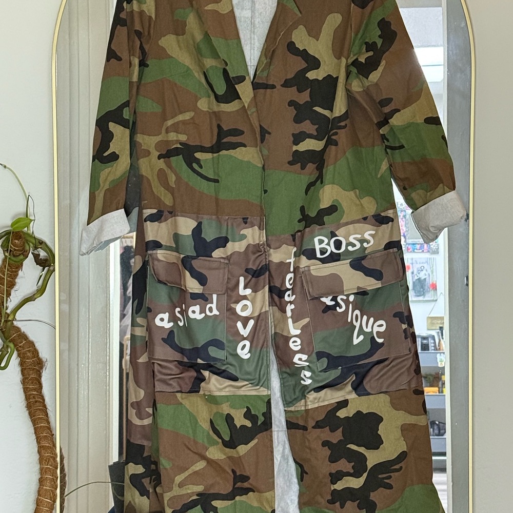 Camouflage Long Coat with Bold Lettering